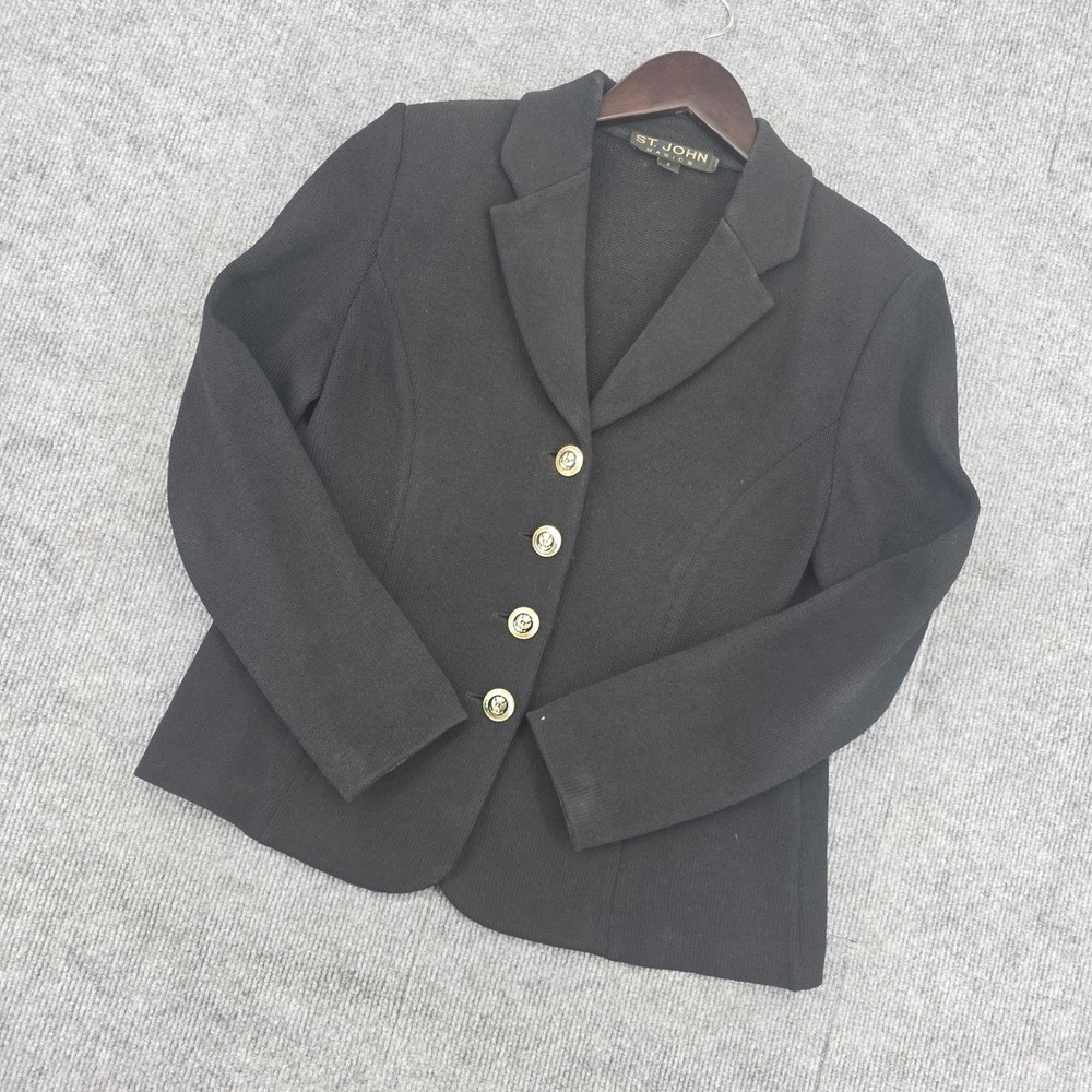 St John Basics Black Santana Knit Blazer Gold Eagle Crest Buttons Size 4